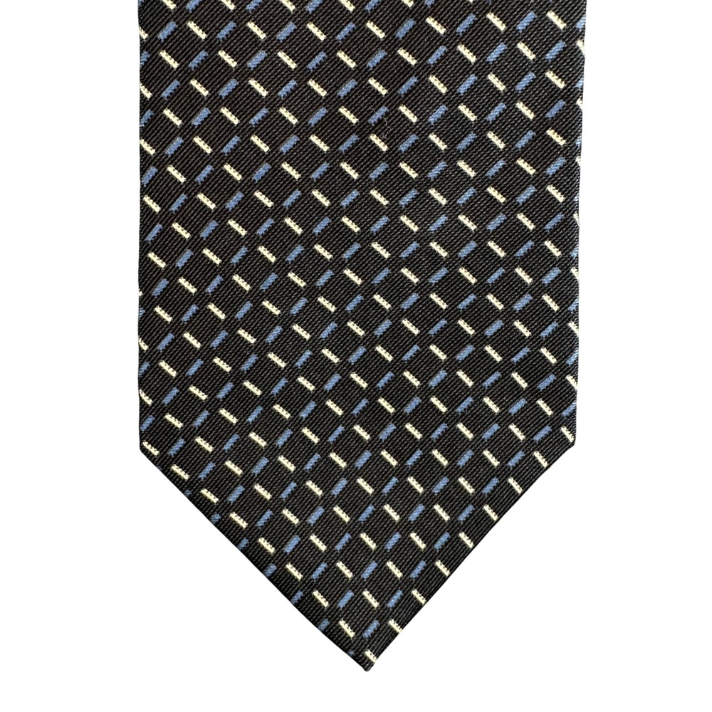 Nautica Mens Silk Necktie Black Blue Tan Geometric Dash Pattern 100% Silk 57"